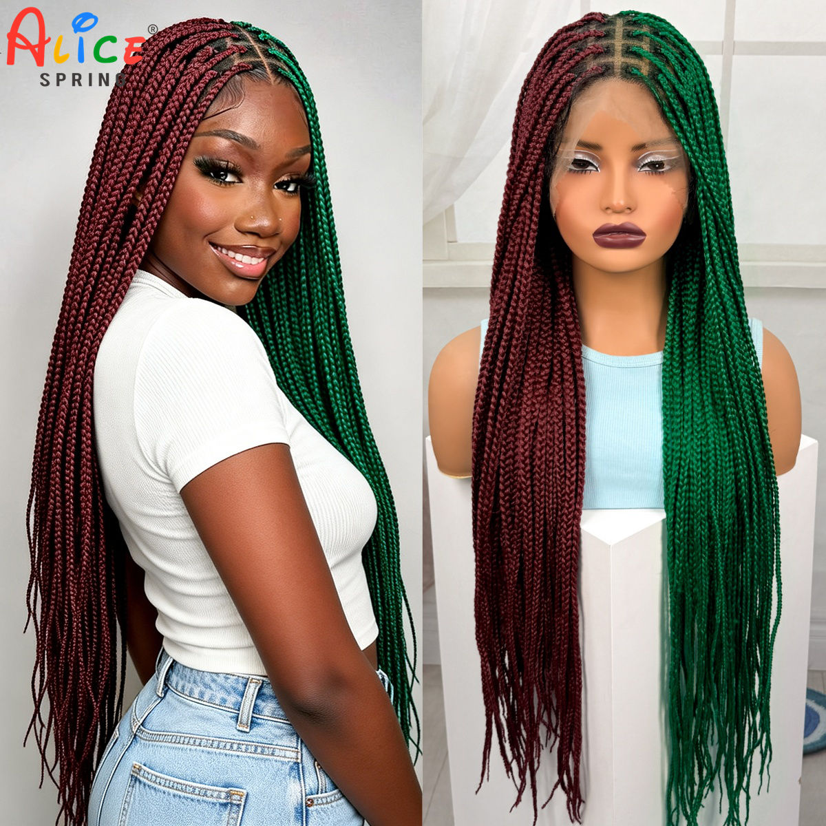 Synthetic Braided Wigs For Black Women - 36inch Red-Green Box Braided Wigs Synthetic